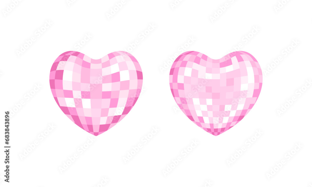 Set of pink heart shaped disco balls. Vector flat illustration on isolated background. Valentine's day clipart