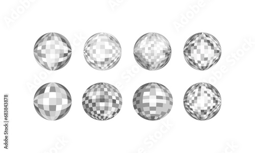 Set of silver disco balls. Vector flat illustration on isolated background. Party celebration mirror spheres