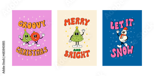 Set of cute holiday greeting cards with christmas tree  ball and snowman. Vector illustrations with groovy lettering in retro style