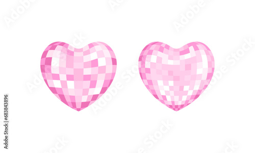 Set of pink heart shaped disco balls. Vector flat illustration on isolated background. Valentine's day clipart