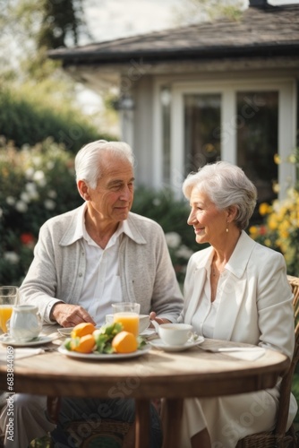 A beautiful elderly couple on a picnic in the garden. Senior gray-haired man and woman wearing smart clothes are resting near the house on a sunny day. Valentine s Day  Love  date concepts.