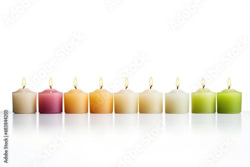 Multi-colored candlesticks are arranged on a white background.