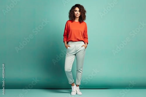 Young Woman in Casual Fashionable Outfit Posing Against Teal Background