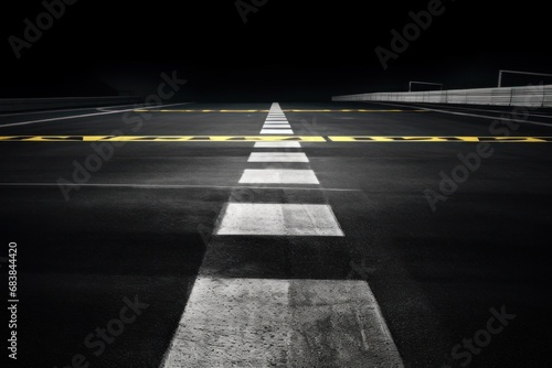 Start and Finish, Front line of asphalt street with sign of start and finish line on road, Black abstract texture and background, Generative AI 