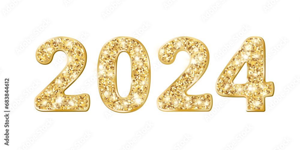 2024 golden glitter numbers. Happy new year banner. Festive holiday decoration isolated on white. Great for New Year cards, headers, party posters, social media banners. Vector. 2024 golden glitter numbers. Happy new year banner. Festive holiday decoration isolated on white. Great for New Year cards, headers, party posters, social media banners. Vector.