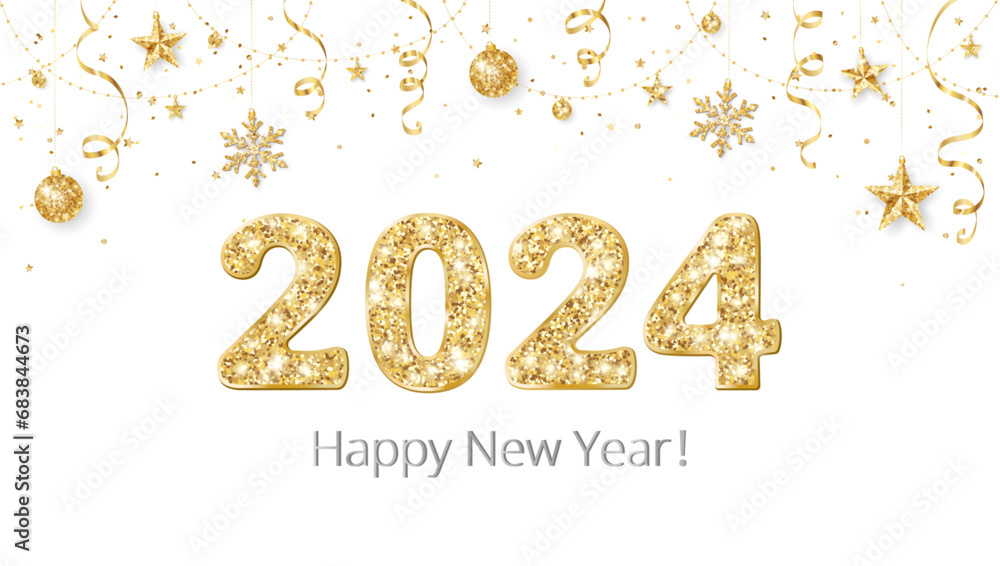 Happy New Year banner. 2024 gold glitter numbers. Confetti, snowflakes and stars decoration. Golden celebration background. For Christmas holiday headers, party flyers. Vector illustration.