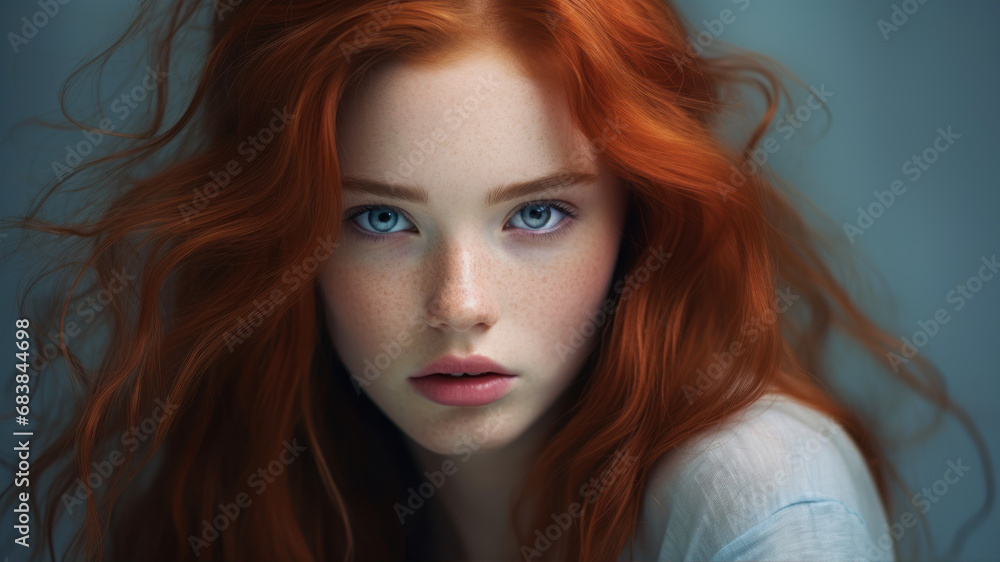 Close-up portrait of beautiful redhead girl with long hair.