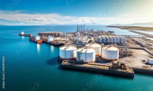 Aerial view oil treminal with storage tank farm, offshore oilrig, tanker and port, land oil rig, refinery plant, factory, gas station, Business petroleum fuel and gas transport, Generative AI  photo