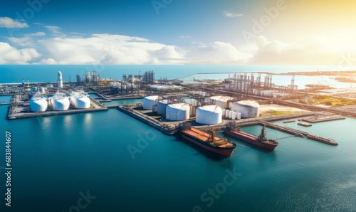 Aerial view oil treminal with storage tank farm, offshore oilrig, tanker and port, land oil rig, refinery plant, factory, gas station, Business petroleum fuel and gas transport, Generative AI 