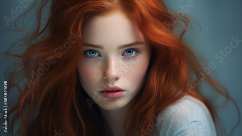 Close-up portrait of beautiful redhead girl with long hair.