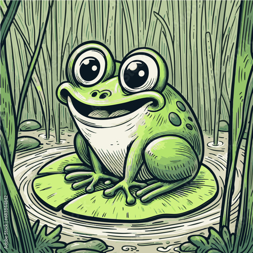 cute green frog with big eyes on a swamp in the reeds