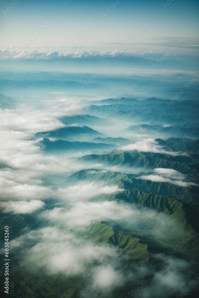Beautiful landscape, environment, bird's-eye view, airplane, drone. Top view of high mountains, white clouds, green forests. Beautiful landscape, environment, bird's-eye view, airplane, drone. Top view of high mountains, white clouds, green forests.