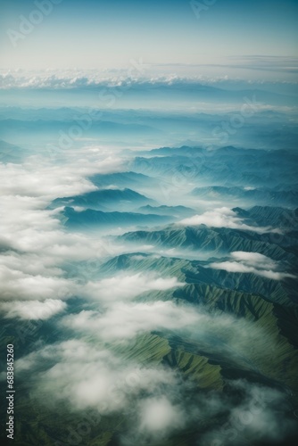 Beautiful landscape, environment, bird's-eye view, airplane, drone. Top view of high mountains, white clouds, green forests.