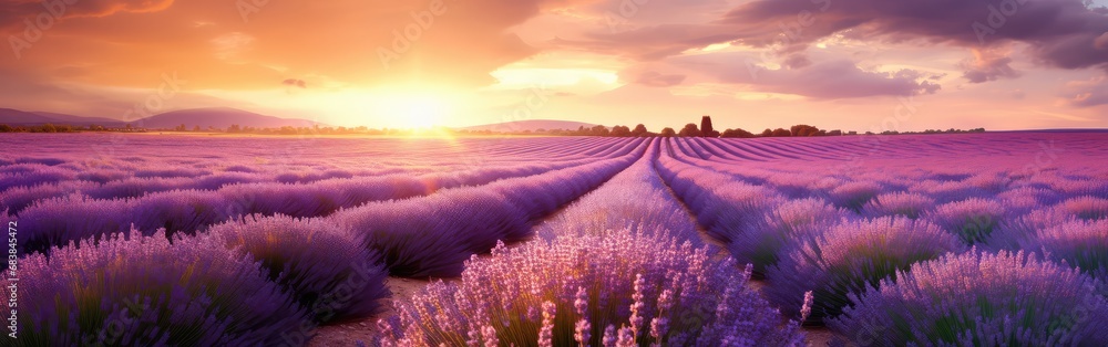Fototapeta premium A field of lavender in a sunset