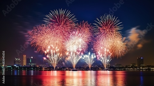 Night view of Fireworks over the city at night near the water .and fireworks in the city harbor.