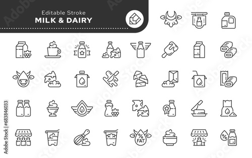 Set of line icons in linear style. Series - Milk and dairy products. Natural cow's milk and fermented milk product, cheese, cream, sour . Outline icon collection. Conceptual pictogram and infographic.