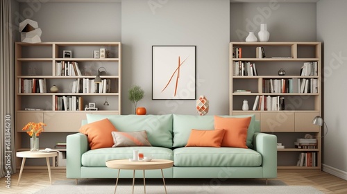Mint sofa with orange pillows against bookcase. Home library. Scandinavian interior design of modern living room. © Jasmeen