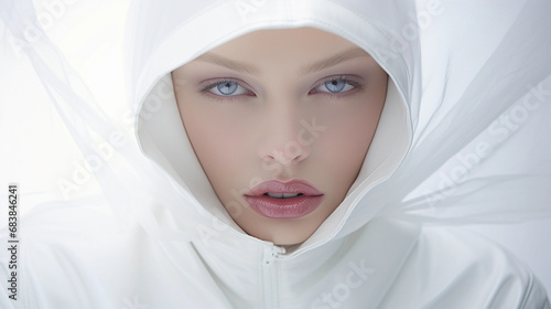 fashion portrait, model in avant-garde white outfit, stark white background