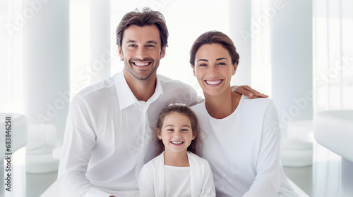 group portrait, family in coordinating white outfits, clean and bright setting, happy expressions