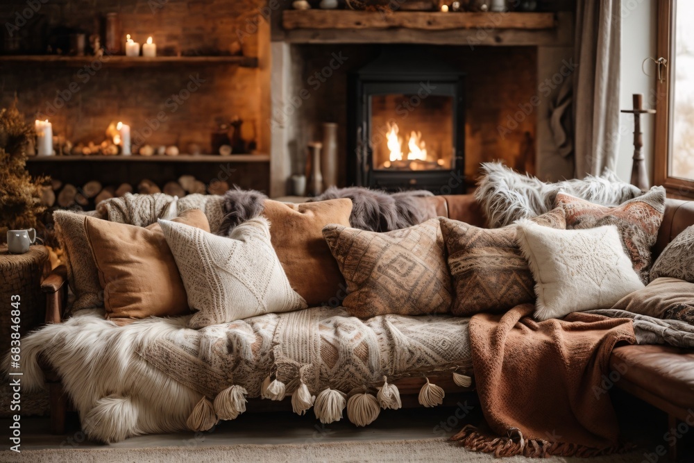 Fototapeta premium Rustic sofa with many pillows, knitted and fur blankets by fireplace. Warm and inviting autumn atmosphere. Farmhouse, nordic home interior design of modern living room.