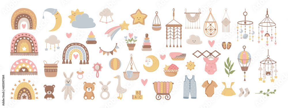 Vector hand drawn baby collection of boho clipart for nursery decoration with cute rainbows, moon, sun and cloud. Scandinavian style.