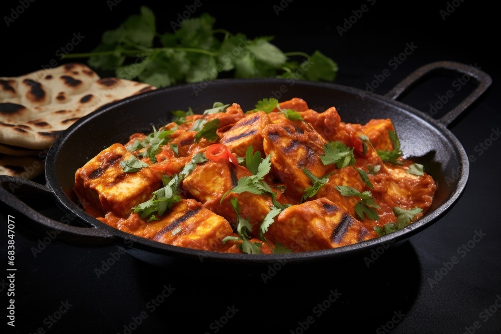 Paneer Tikka Masala in black frying pan and a dark background with greens and tortillas. Indian dish