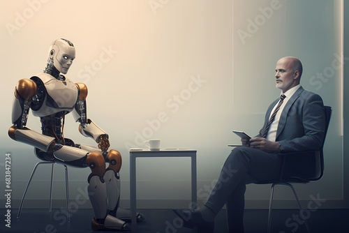 Roboter and human wainting for a job interview photo