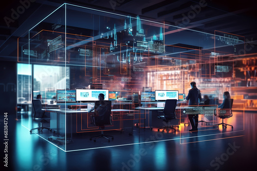 Modern neon cyberpunk open space office