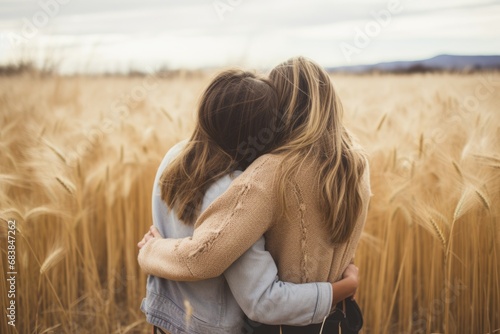 Two female friends hugging in dry field. AI Generated