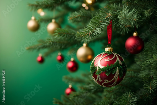 Elegant Christmas Decoration Ornaments, Close-Up Detailed Christmas Tree, on Blurred Plain Green Background with Bokeh, Super Resolution.