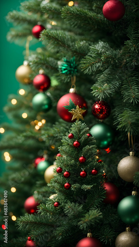 Elegant Christmas Decoration Ornaments, Close-Up Detailed Christmas Tree, on Blurred Plain Green Background with Bokeh, Super Resolution. © PixelDream