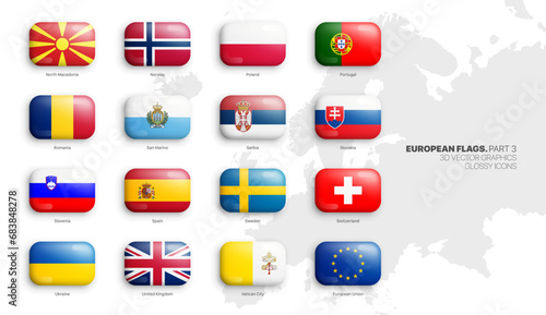 All Official Flags of European Countries 3D Vector Rounded Glossy Icons Set Isolated On White Background Part 3. Insignia of Europe Bright Vivid Colour Shiny Bulging Buttons Design Elements Collection photo