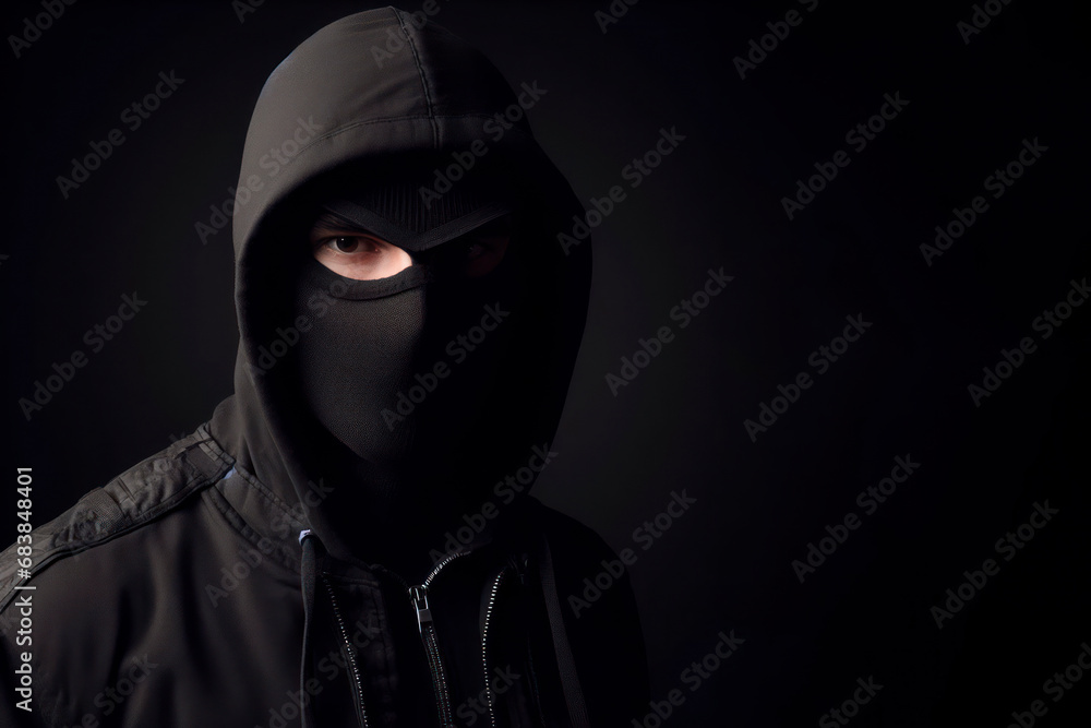 A burglar wearing black clothes and a black mask stands on black background. ai generative A burglar wearing black clothes and a black mask stands on black background. ai generative