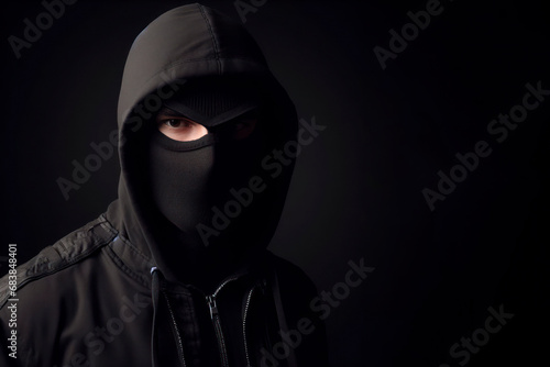 A burglar wearing black clothes and a black mask stands on black background. ai generative