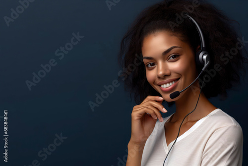 a smiling female call center helpdesk operator on solid dark blue background. ai generative photo