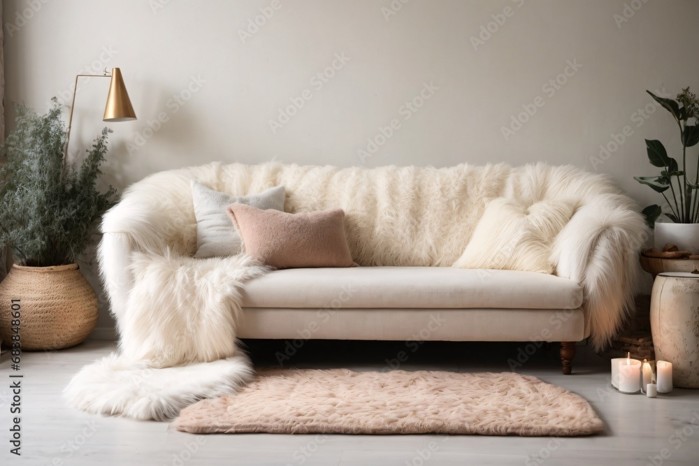 Cozy cute sofa with white fur sheepskin fluffy throw and pillows. Scandinavian home interior design of modern living room. - obrazy, fototapety, plakaty 