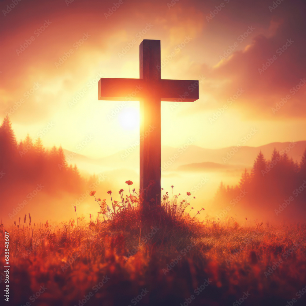Ascension day concept. The cross on meadow autumn sunrise background. ai generative Ascension day concept. The cross on meadow autumn sunrise background. ai generative