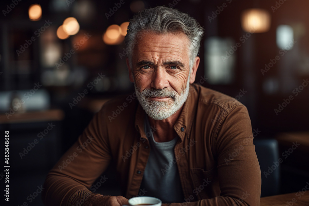 Generative AI portrait of confident city citizen person enjoying weekend time drinking coffee in modern cafe Generative AI portrait of confident city citizen person enjoying weekend time drinking coffee in modern cafe