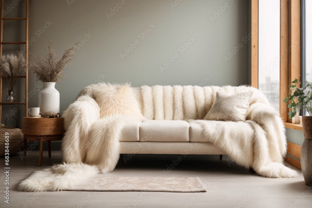 Cozy cute sofa with white fur sheepskin fluffy throw and pillows. Scandinavian home interior design of modern living room. Cozy cute sofa with white fur sheepskin fluffy throw and pillows. Scandinavian home interior design of modern living room.