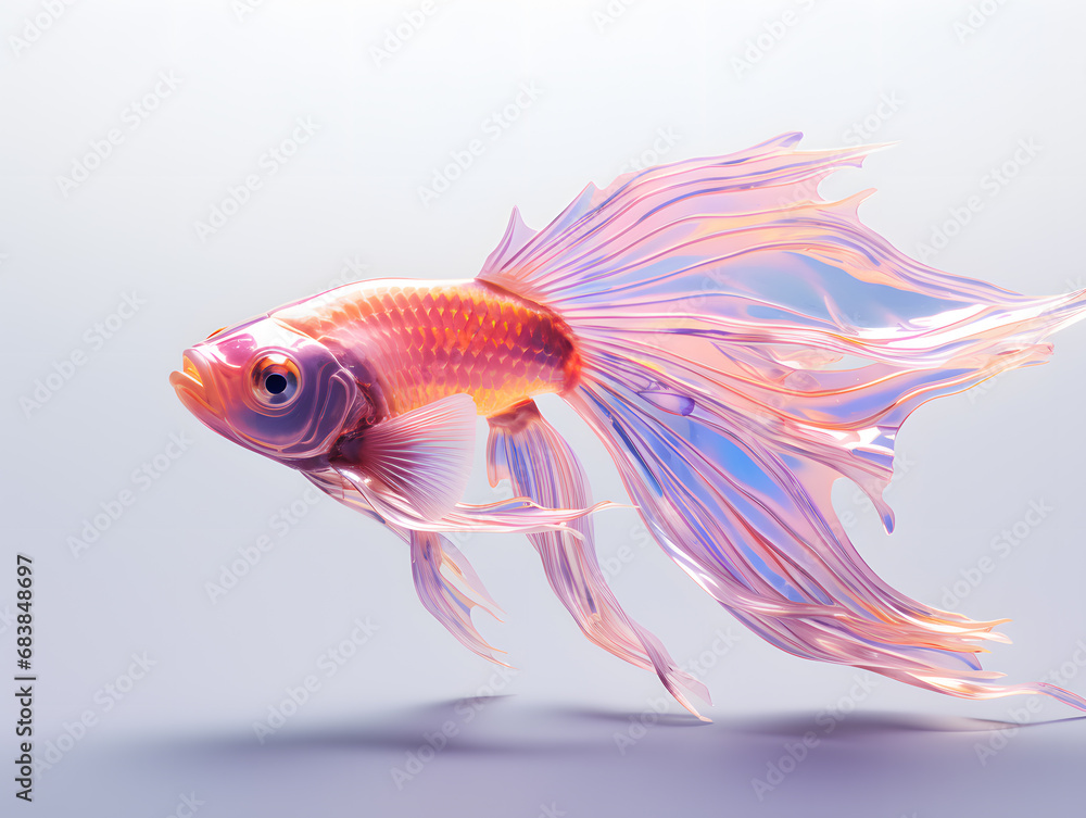 Fototapeta premium 3d rendering of a colourful crystal goldfish on a white background with reflection