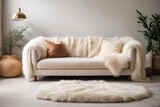Cozy cute sofa with white fur sheepskin fluffy throw and pillows. Scandinavian home interior design of modern living room.