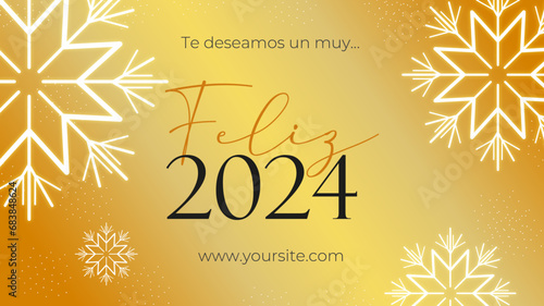 Background web, landepage, tarjeta Feliz 2024 dorado con copos de nieve