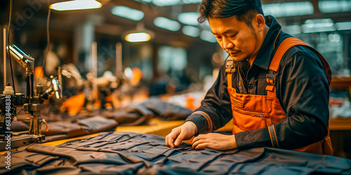 Image showcases Chinese man working in a factory setting. Man is assembling parts for chairs made of polyurethane nylon