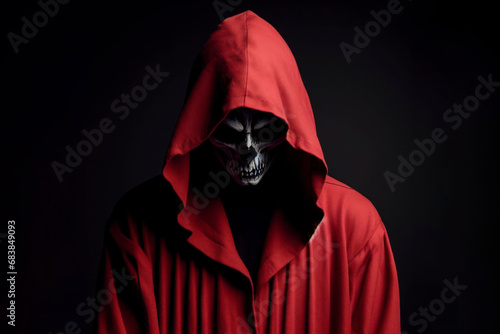 Man in a red robe with a hood a scary on solid black background. ai generative