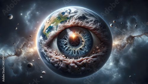 A 3D render depicting a surreal cosmic entity, where half resembles Earth with detailed continents and oceans, and the other half is a giant eye, Created by using generative AI tools