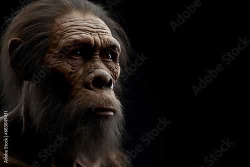 Portrait of neanderthal on solid black background spot light. ai generative