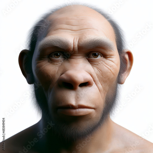 Portrait of neanderthal on solid white background spot light. ai generative photo