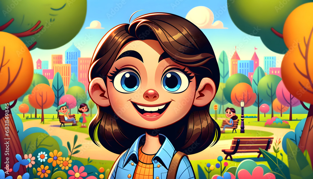 A cartoon-style illustration of a young woman's portrait in a park. She is depicted with playful, exaggerated features typical of cartoons, Created by using generative AI tools
