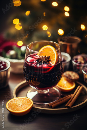 Festive mulled wine on the Christmas table, hot alcoholic drink with space for text