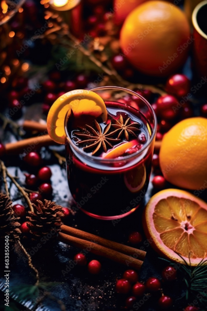 Festive mulled wine on the Christmas table, hot alcoholic drink with space for text Festive mulled wine on the Christmas table, hot alcoholic drink with space for text